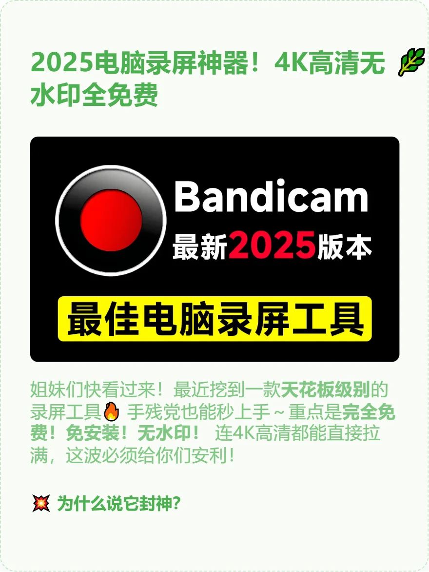 2025电脑录屏神器！4K高清无水印全免费