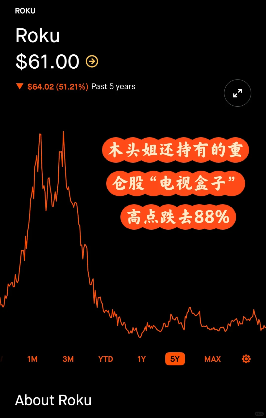 木头姐—重仓股 ROKU “电视盒子”一蹶不振 ！