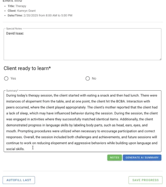北美ABA软件一键生成 Session Note的VGSoft