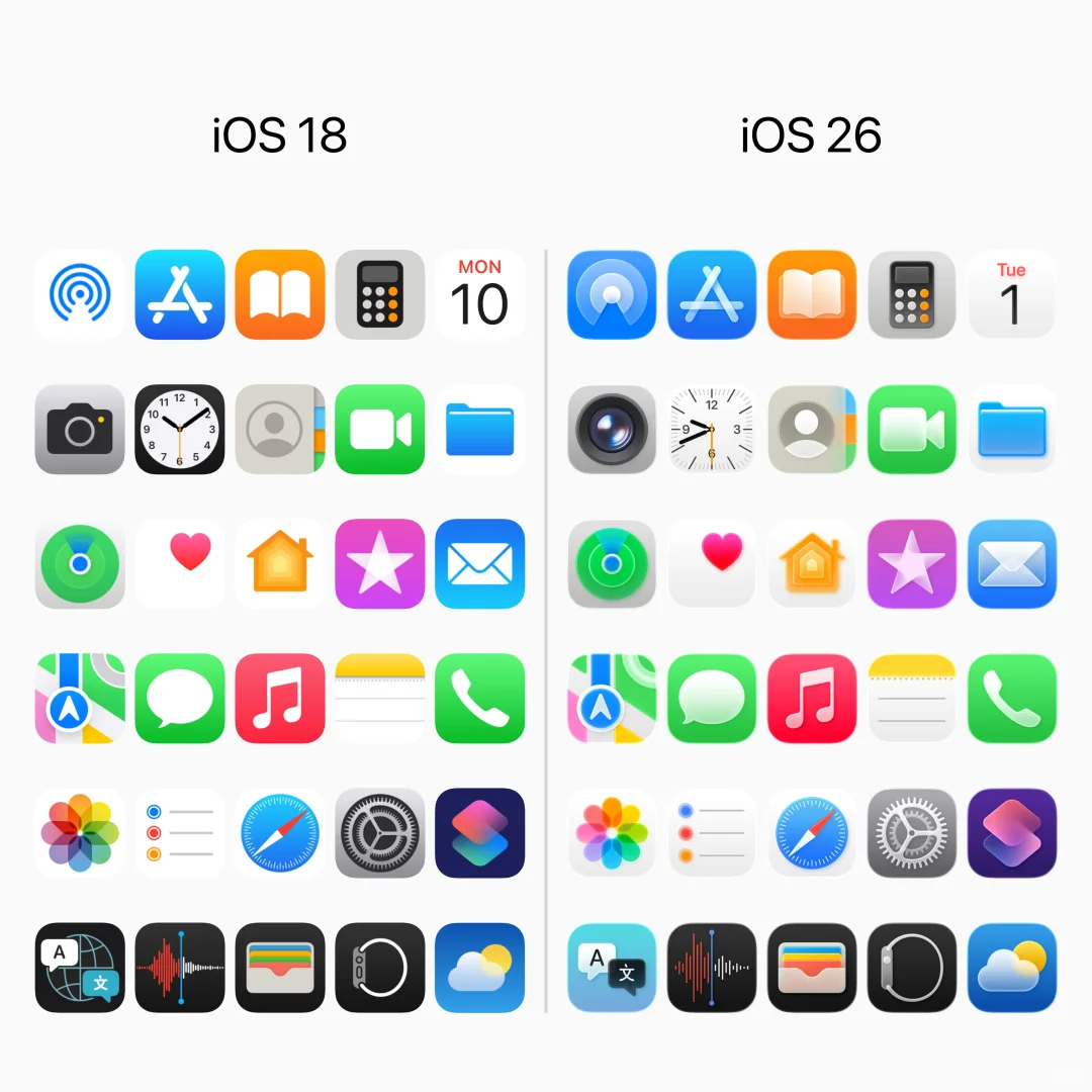 iOS18 🆚 iOS26 图标，质感提升不少