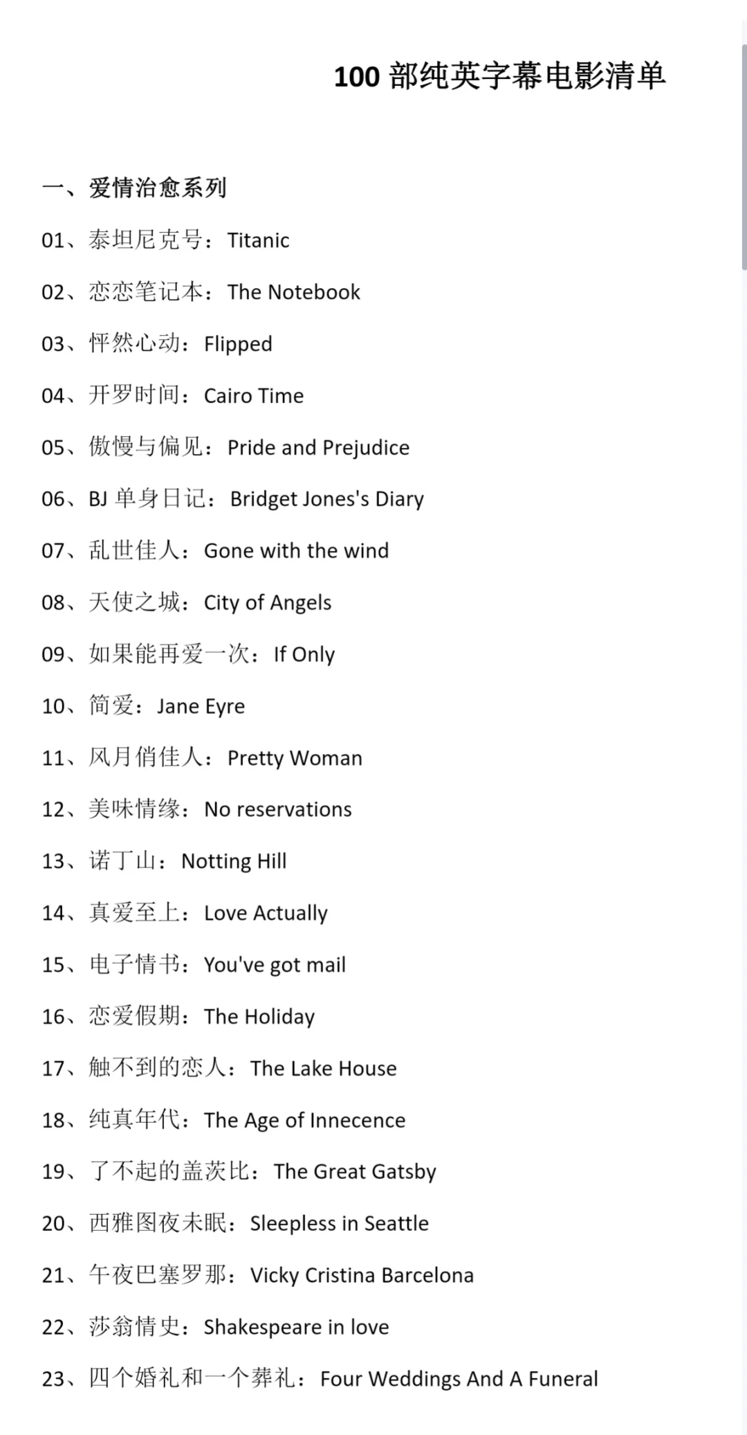 100部纯英文字幕电影清单