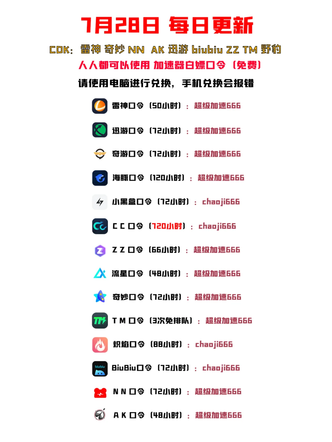 最新的游戏加速器白嫖福利兑换码 7月28号