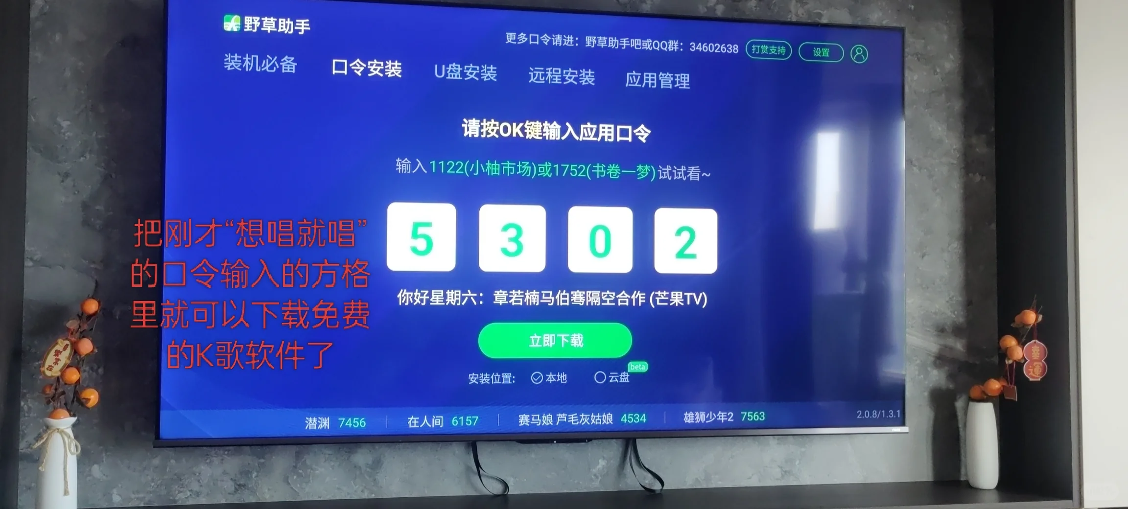 野草助手安装教程找口令和电视免费K歌软件