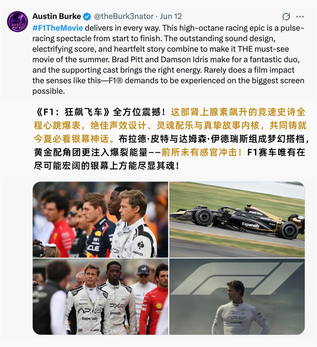 布拉德·皮特新片口碑大爆！赛车题材值得期待