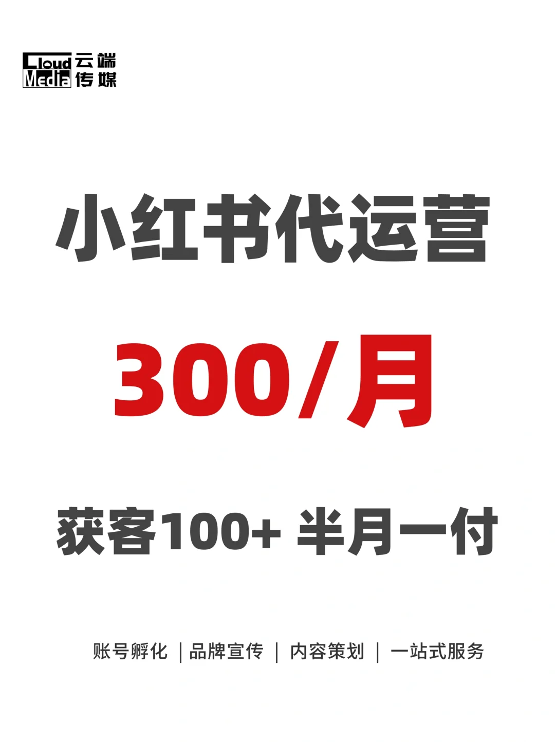 小红书代运营，300/月，半月付