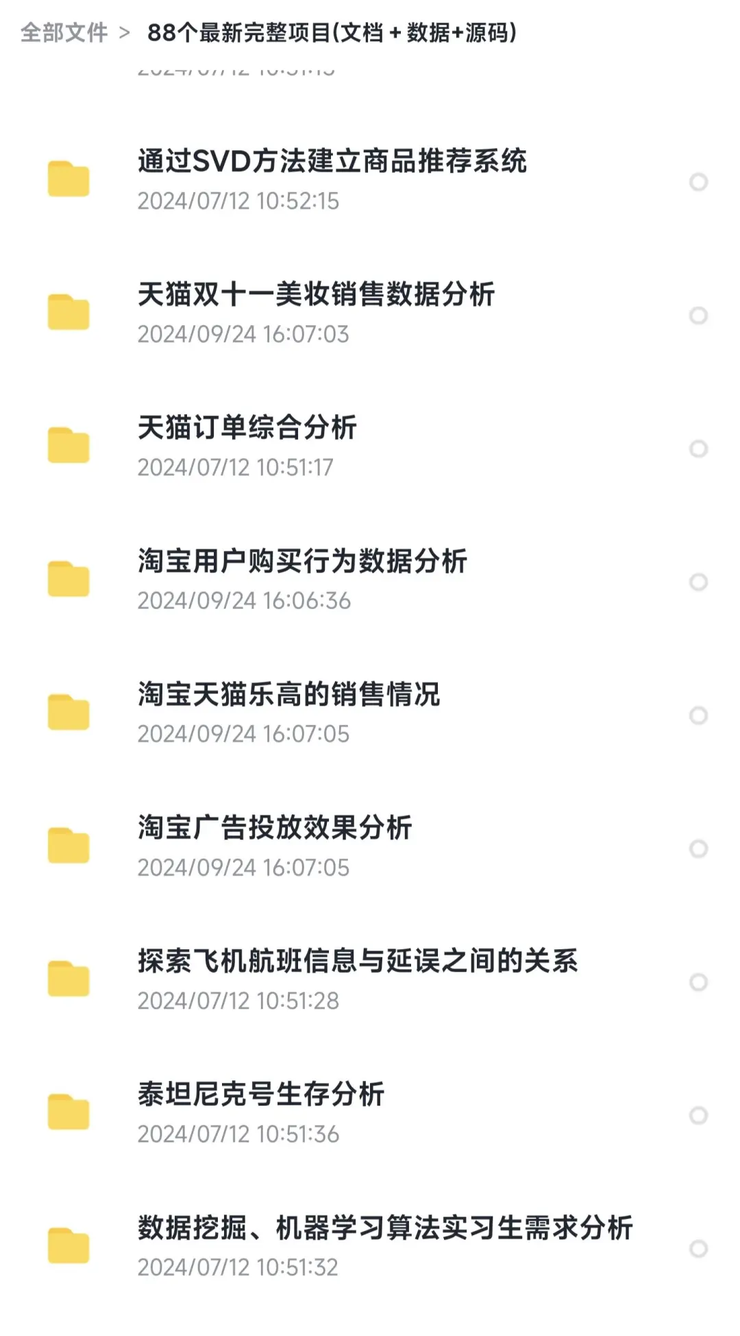 88个数据分析项目，附源码+文档