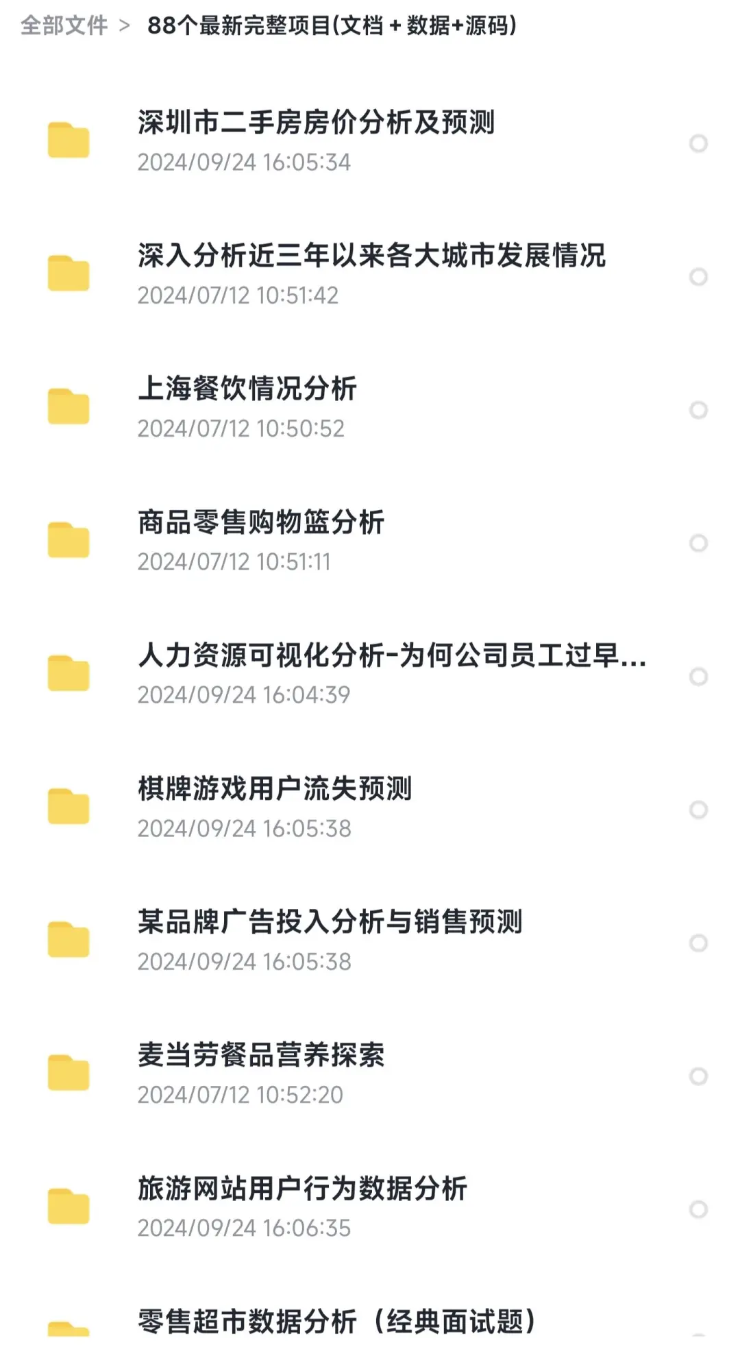 88个数据分析项目，附源码+文档