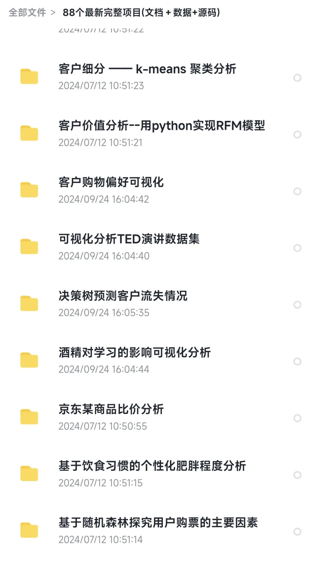 88个数据分析项目，附源码+文档