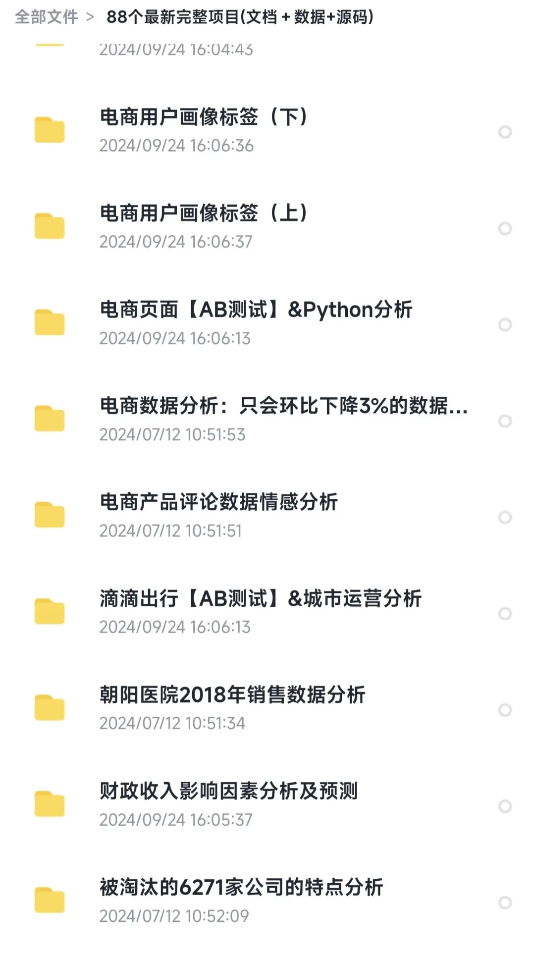 88个数据分析项目，附源码+文档