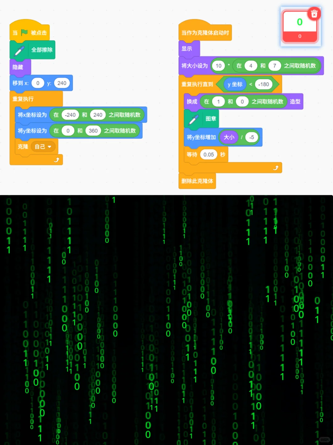 用scratch制作数字雨特效(附源码)