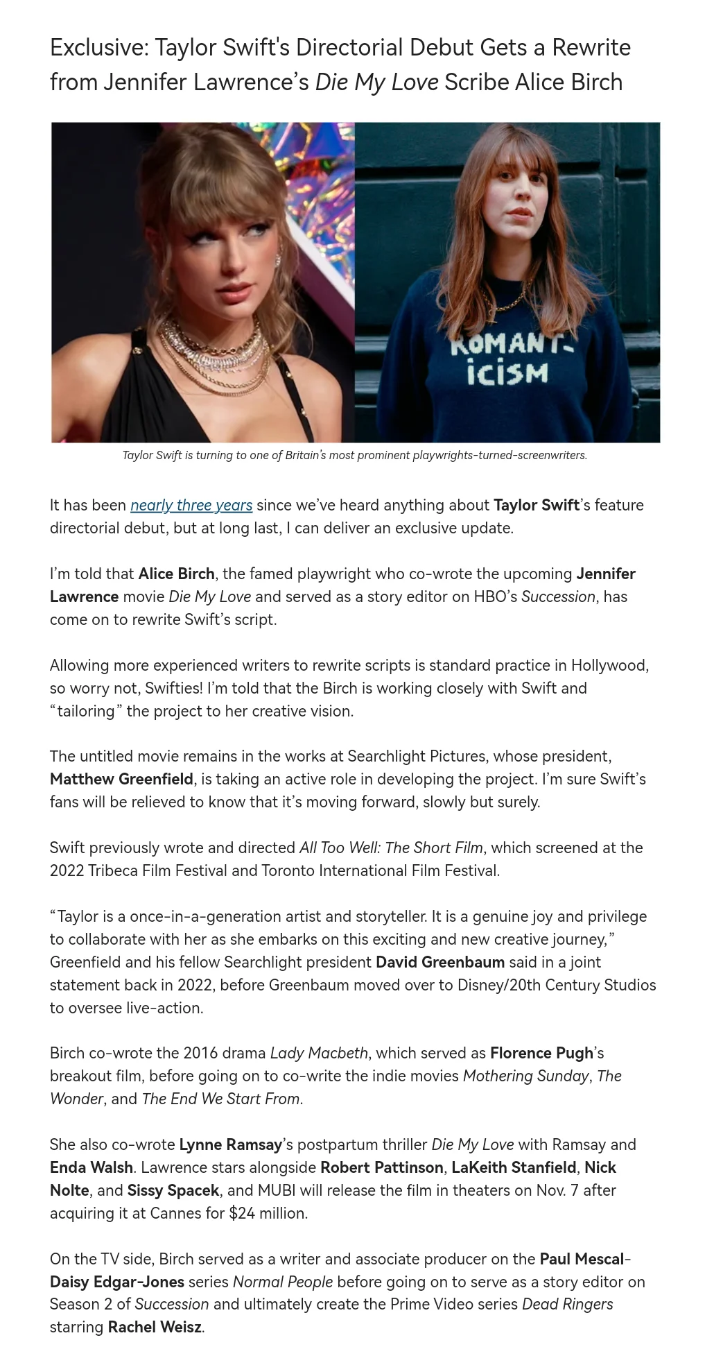 霉霉导演的首部长片电影新消息来了‼️