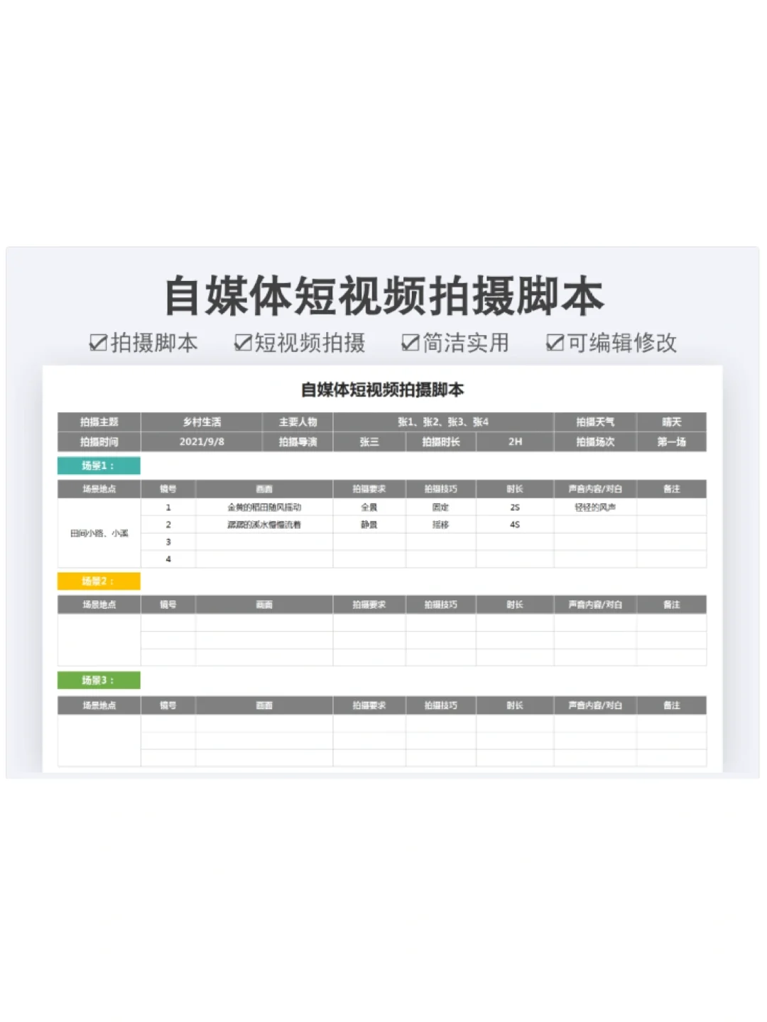 短视频拍摄脚本分镜头模板26款，直接套用