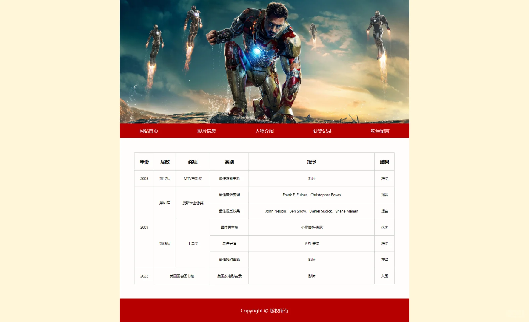 《钢铁侠》HTML+CSS网页设计作业源码