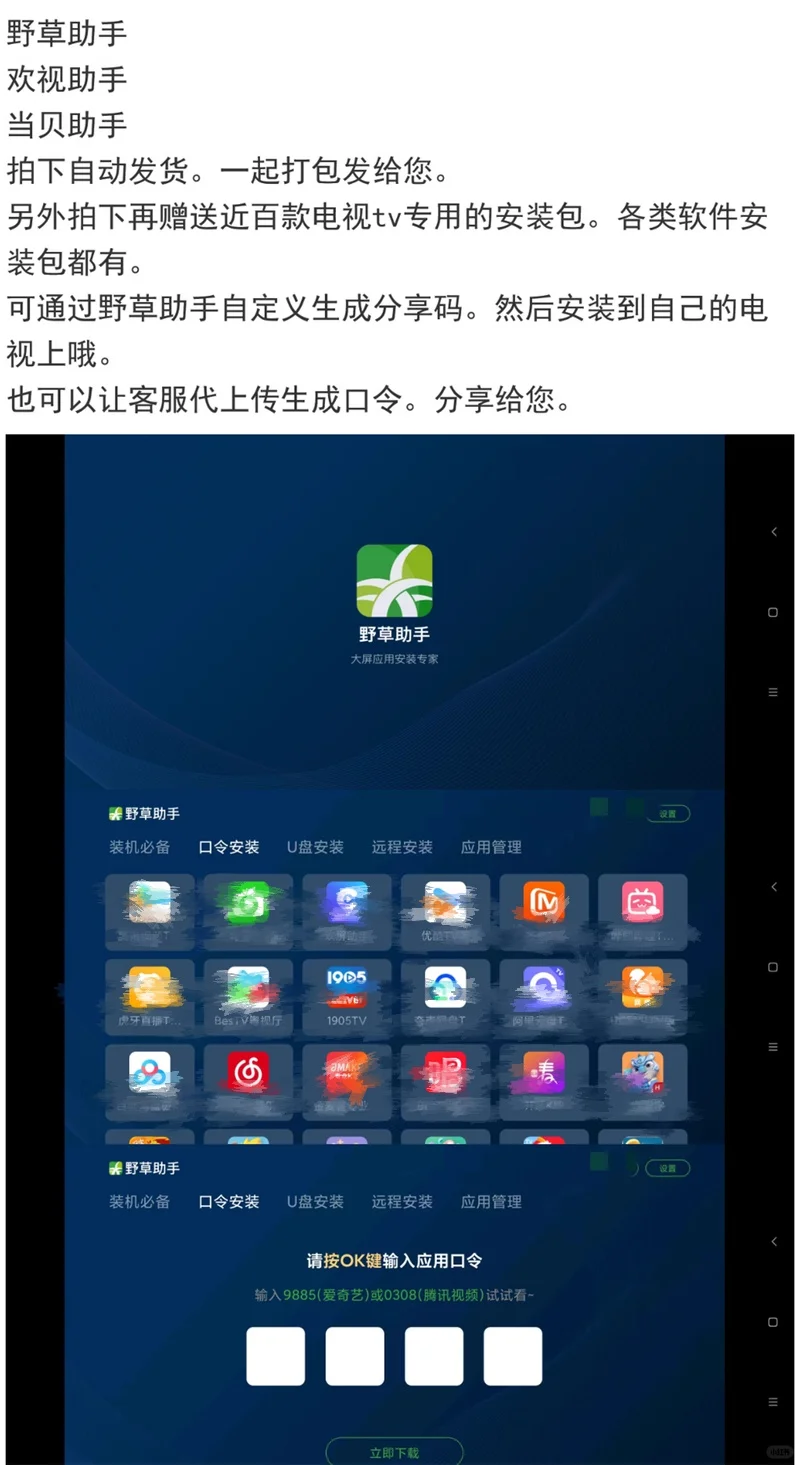 野草助手 口令安装包电视下载安装应用App