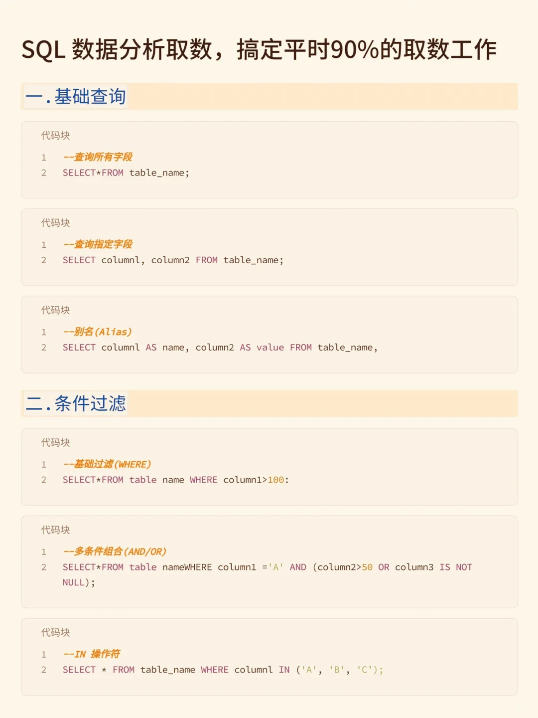 SQL取数无非就这 14段代码使劲背就完了