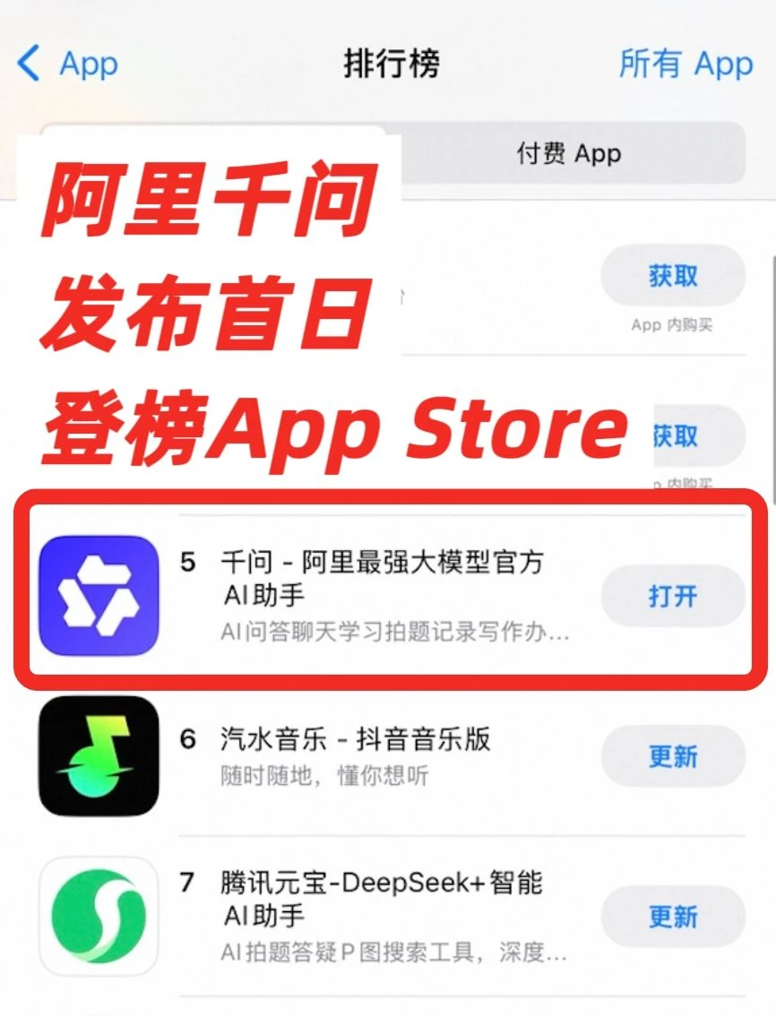 阿里千问，登上苹果App Store免费榜第四