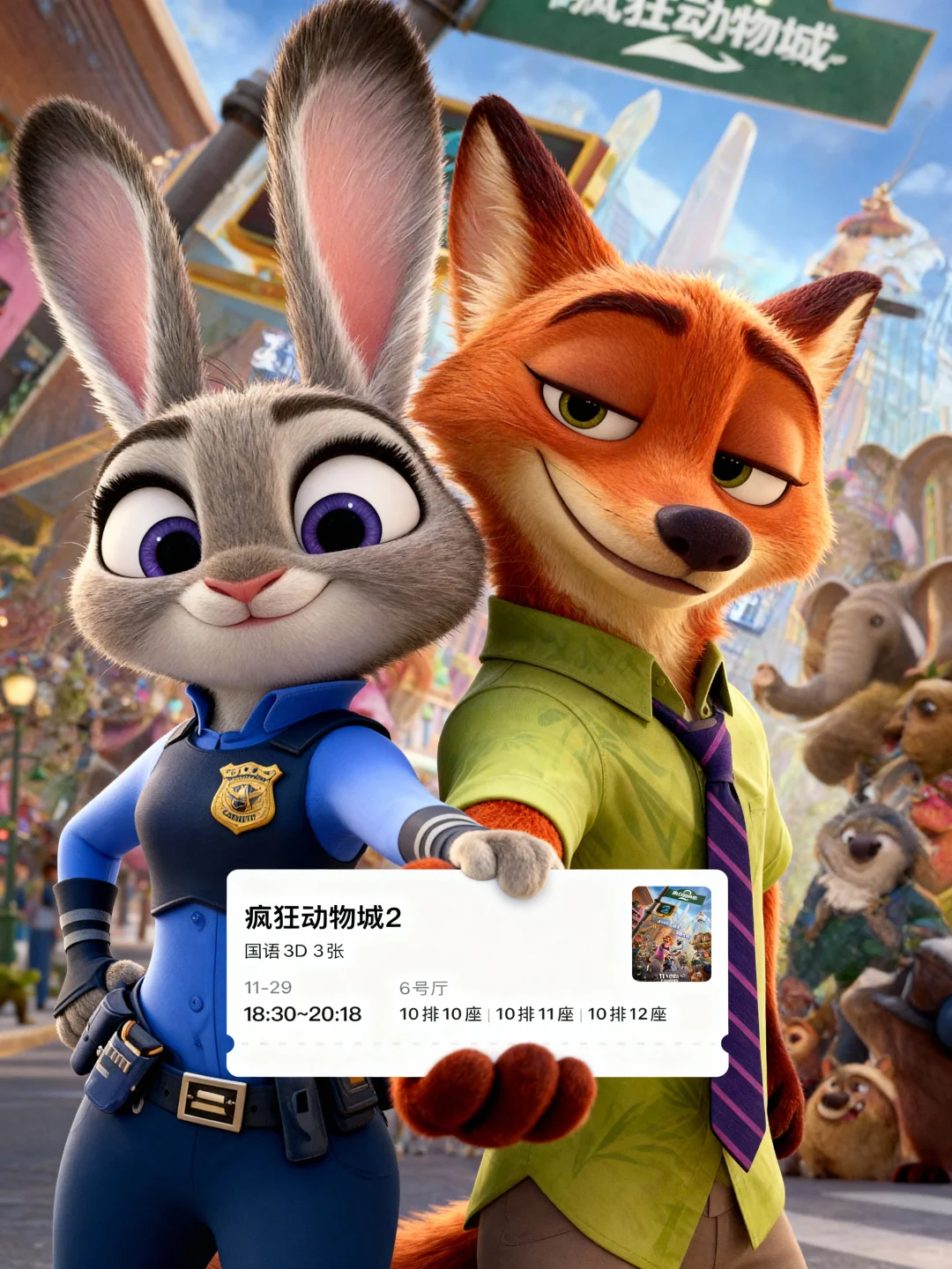 快晒晒你的疯狂动物城2电影票吧！