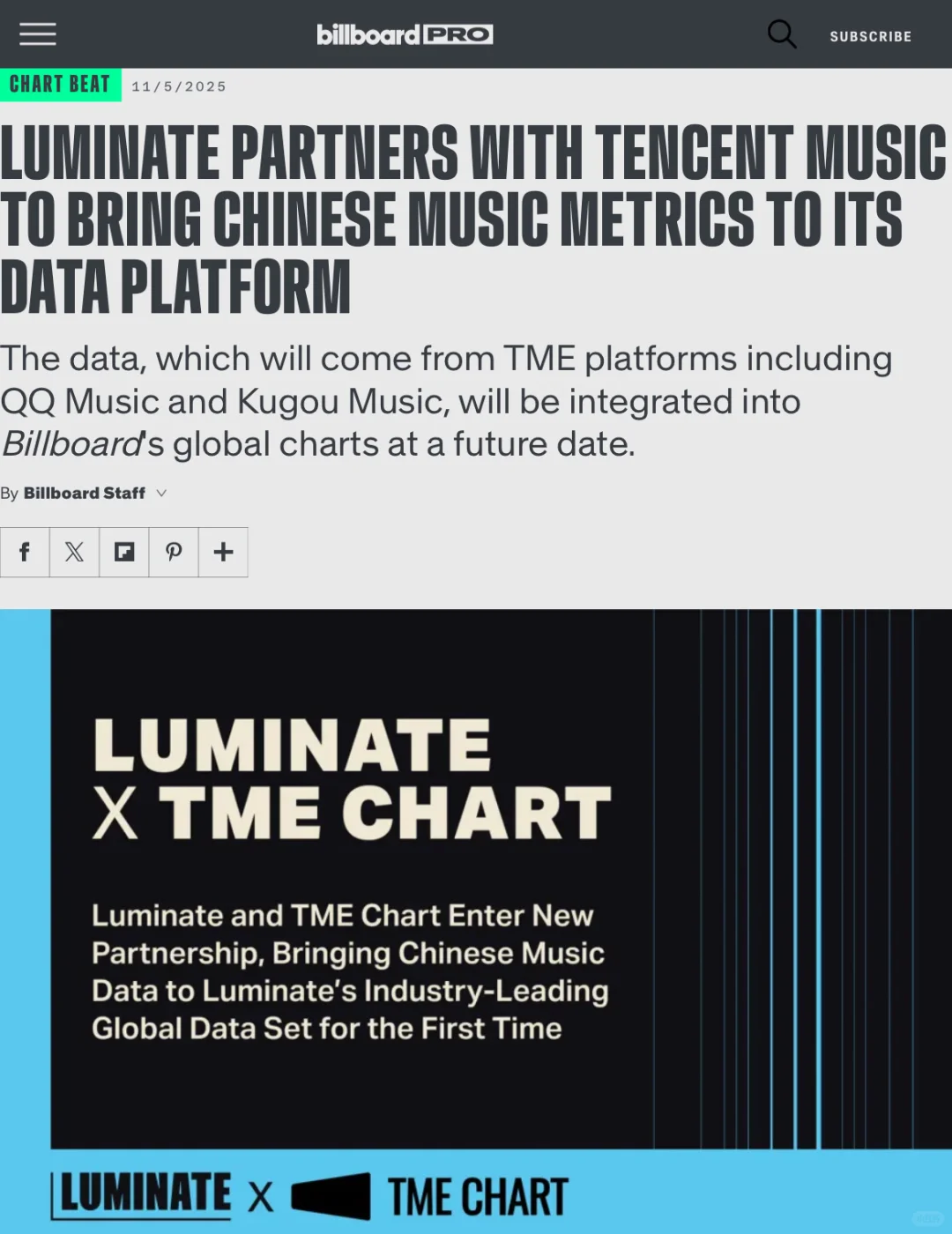 🚨Billboard将中国音乐平台数据计入全球榜