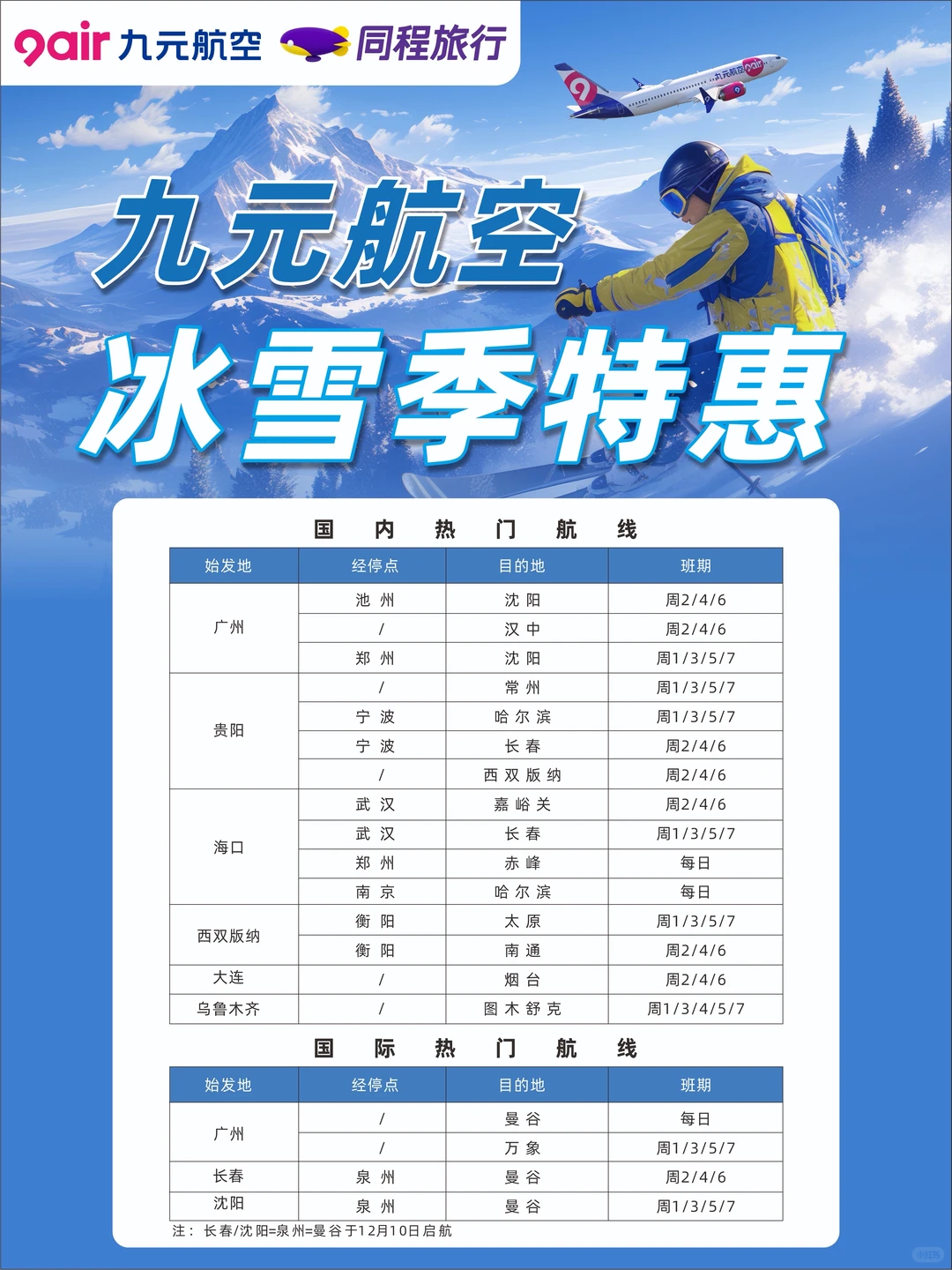 九元航空冰雪季特惠，送1张免费机票