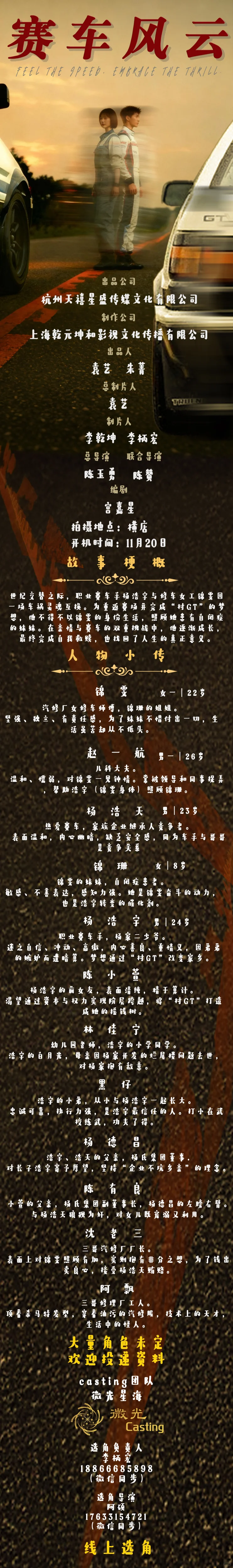 精品竖屏短剧《赛车风云》演员招募