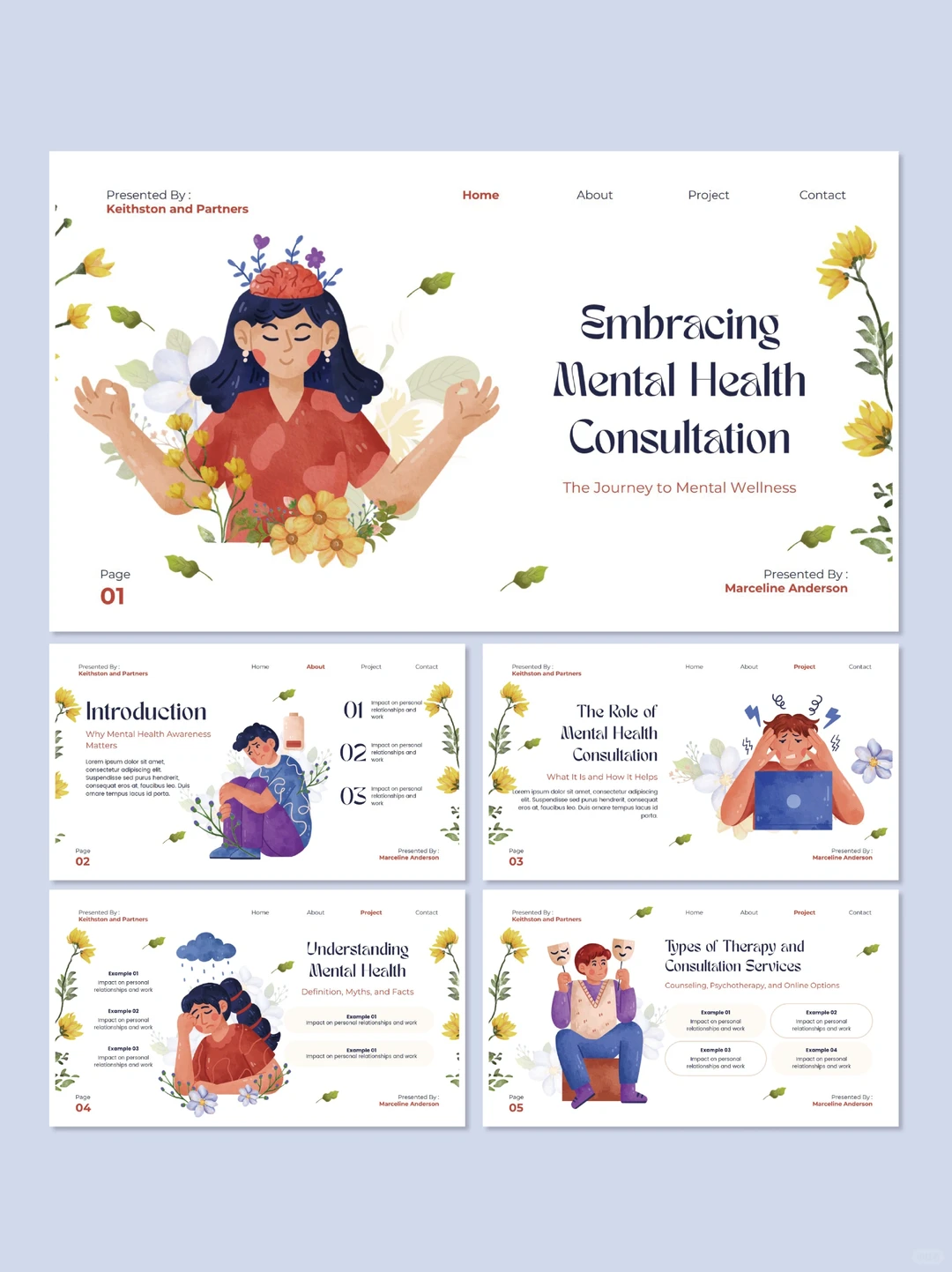 A756 || 水彩手绘花卉心理健康咨询ppt模板