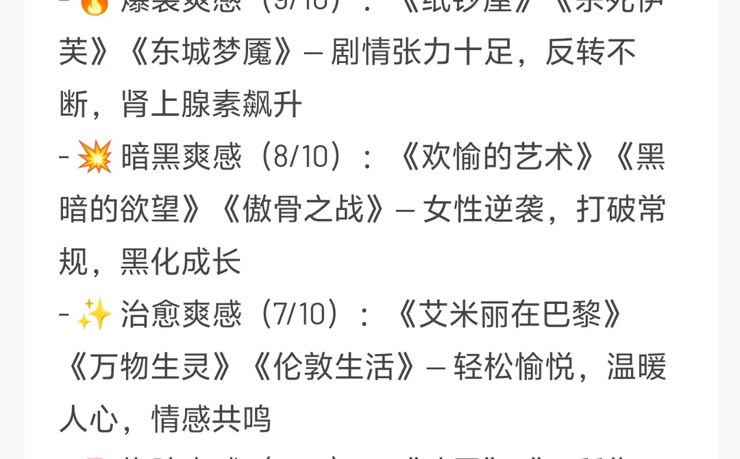 女性爽剧「爽感值」排行榜（从高到低）