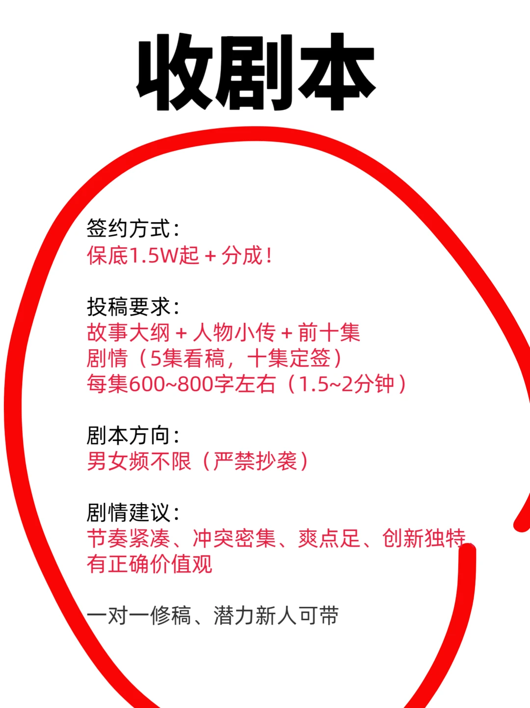 收剧本啦啊，2-5w。