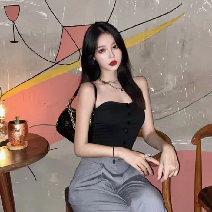 【蹦迪辣妹女装夏修身性感黑色抹胸背心】