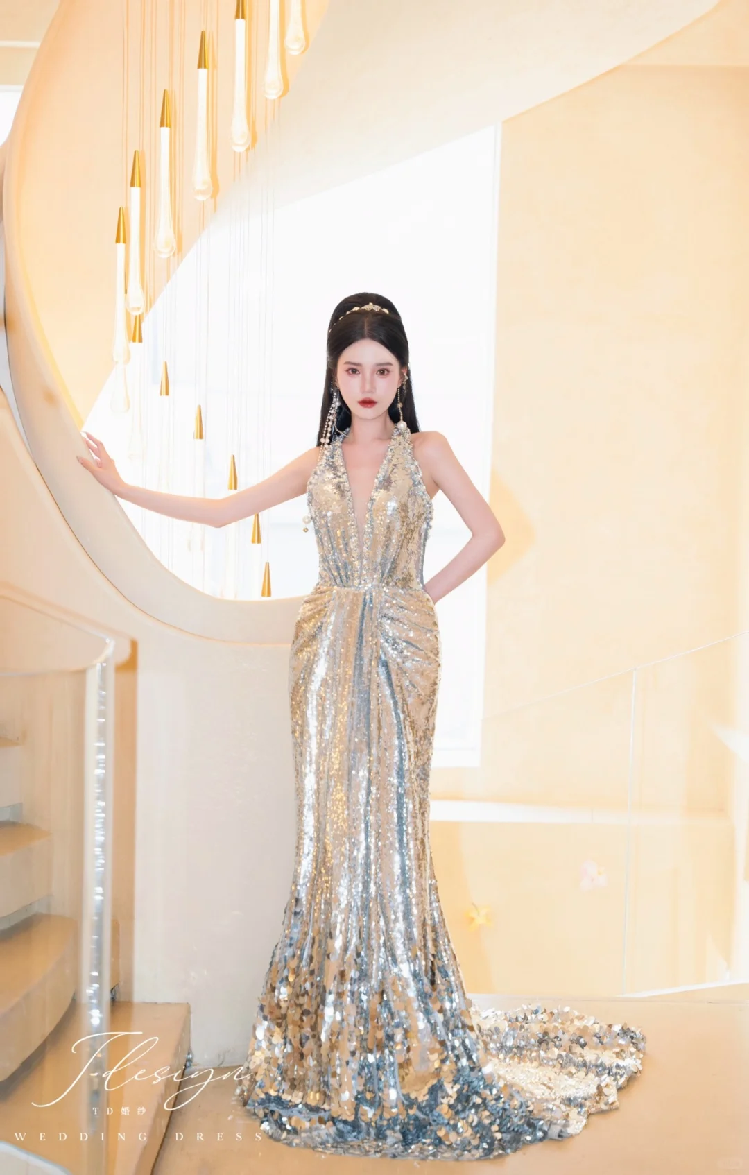 温州婚纱✨女明星既视感的银色亮片鱼尾礼服