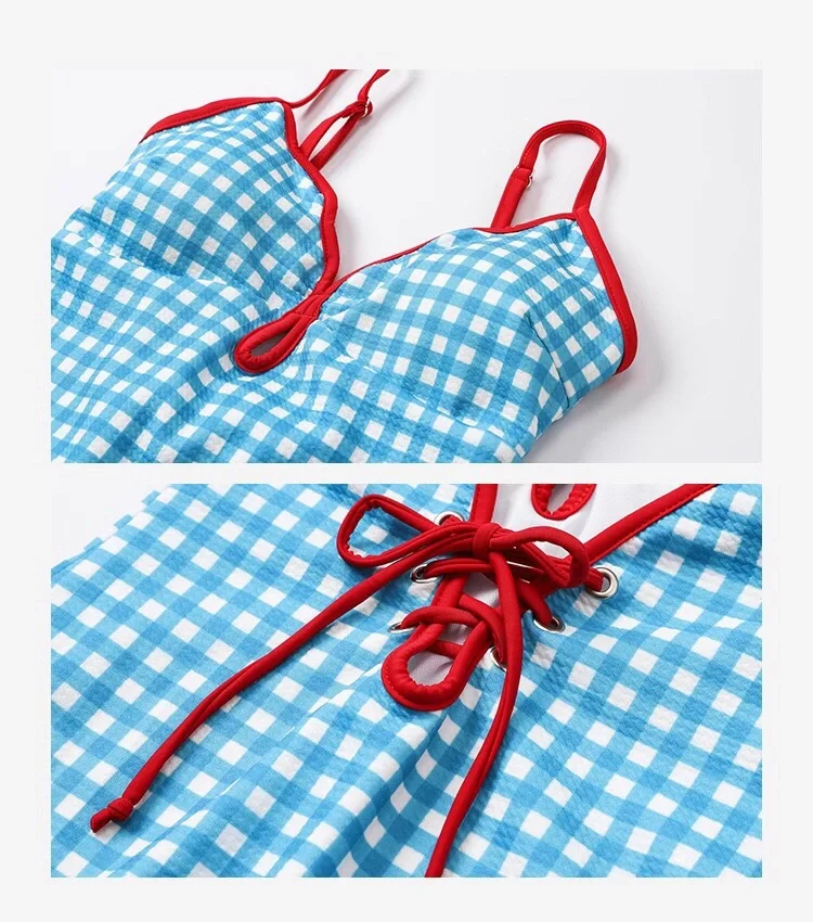 复古撞色的连体泳衣,内置胸垫和插片口……