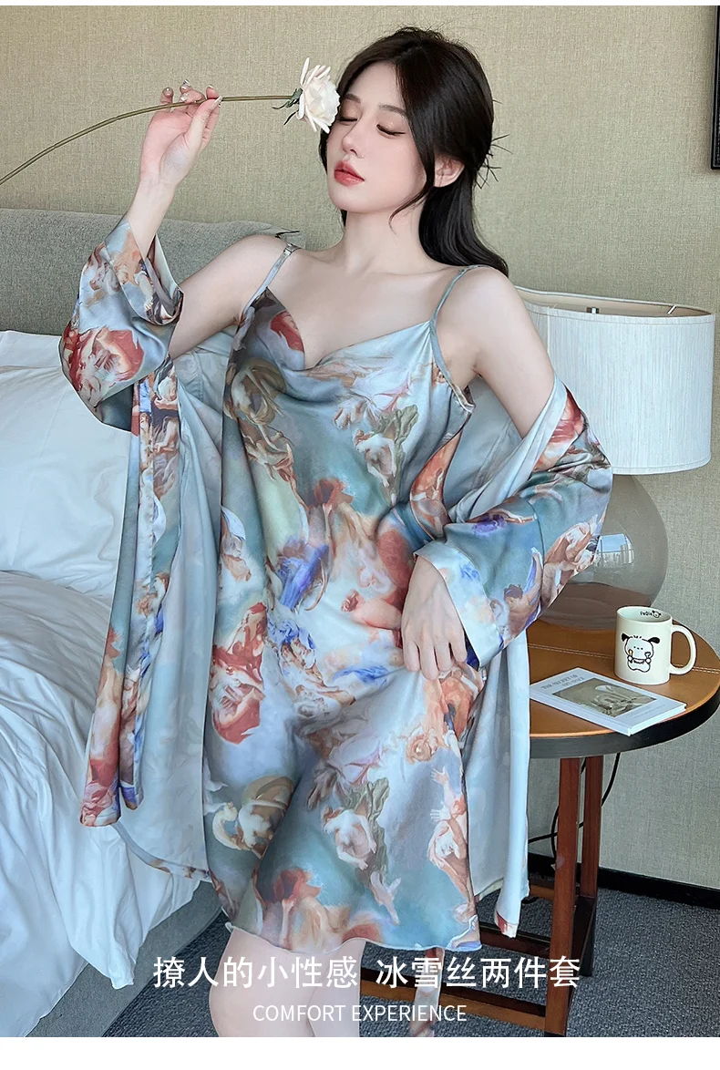 性感印花冰丝吊带睡裙👗夏季必备