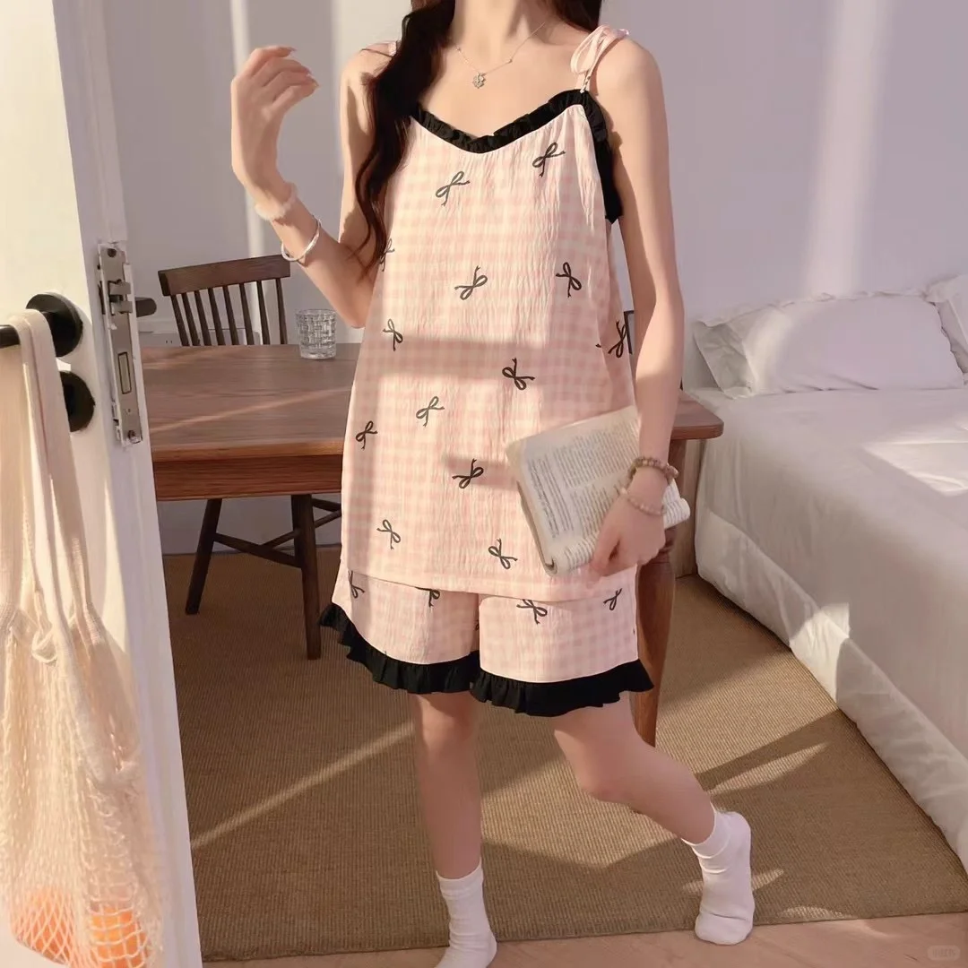夏季云朵棉性感吊带短裤睡衣两件套装家居服