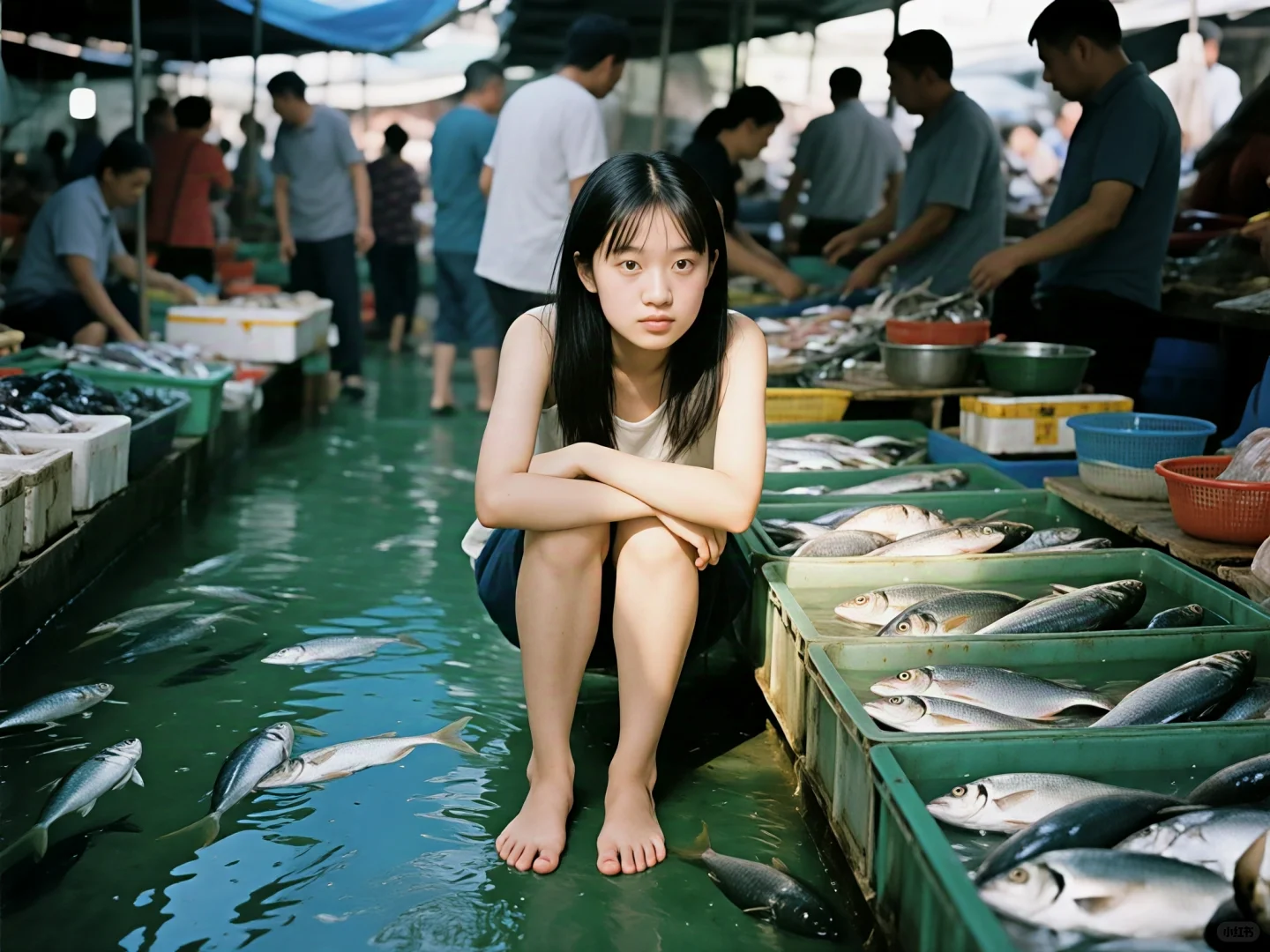 [AI生成]看鱼摊的少女