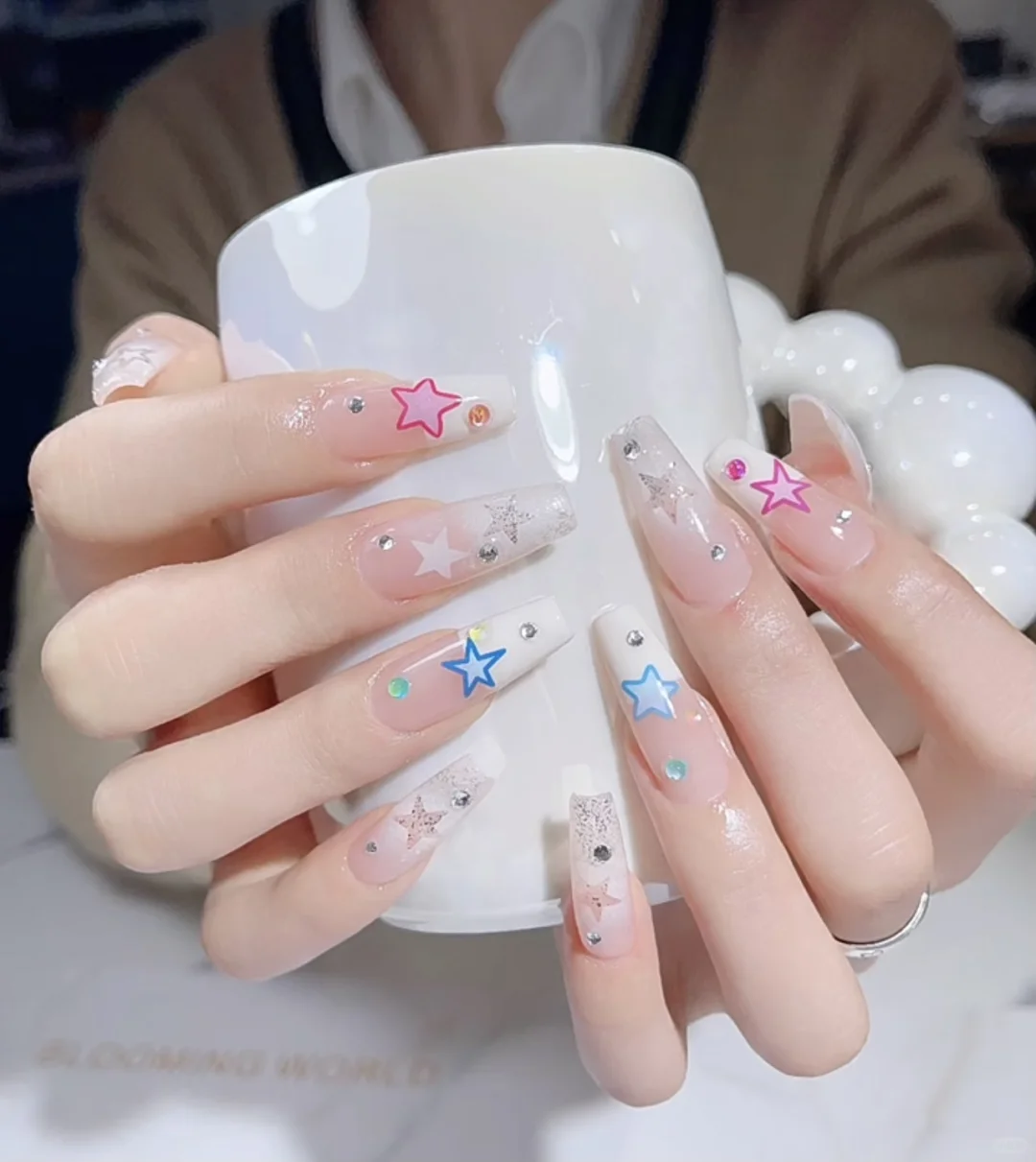 白色亮片脚指甲/甲片延长星星钻钻美甲款式