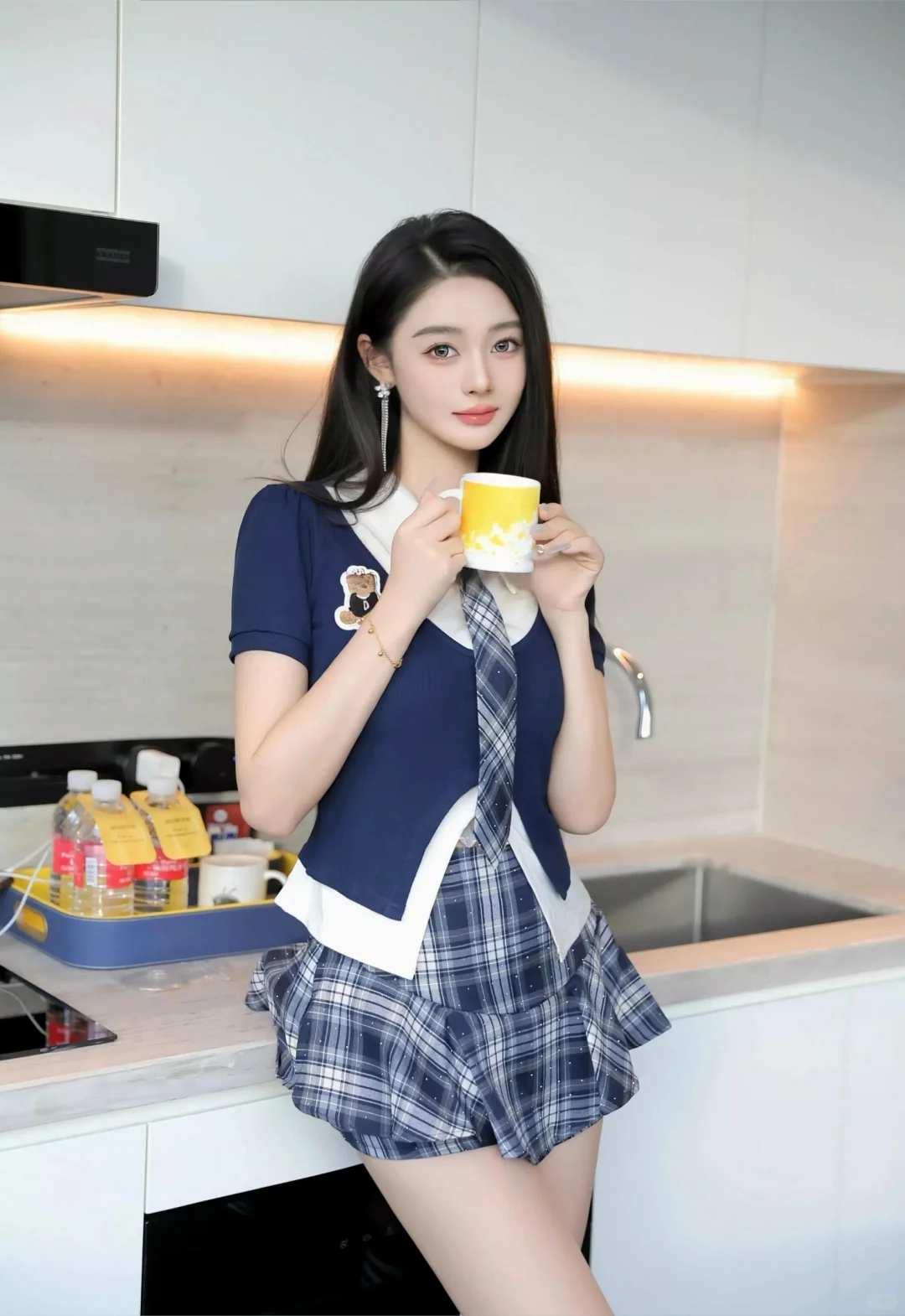 写真‖jk制服蓝色格子百褶裙黑丝大长腿学姐