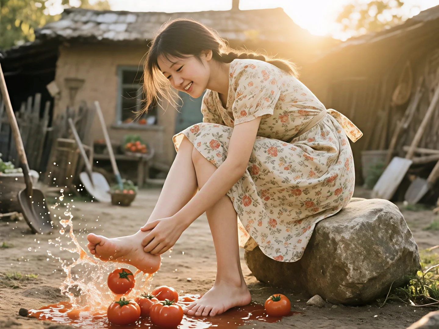 [AI生成]给西红柿榨汁的少女