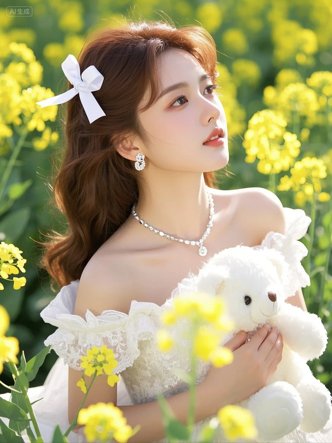 在大片油菜花田间美女享受大自然的气息。