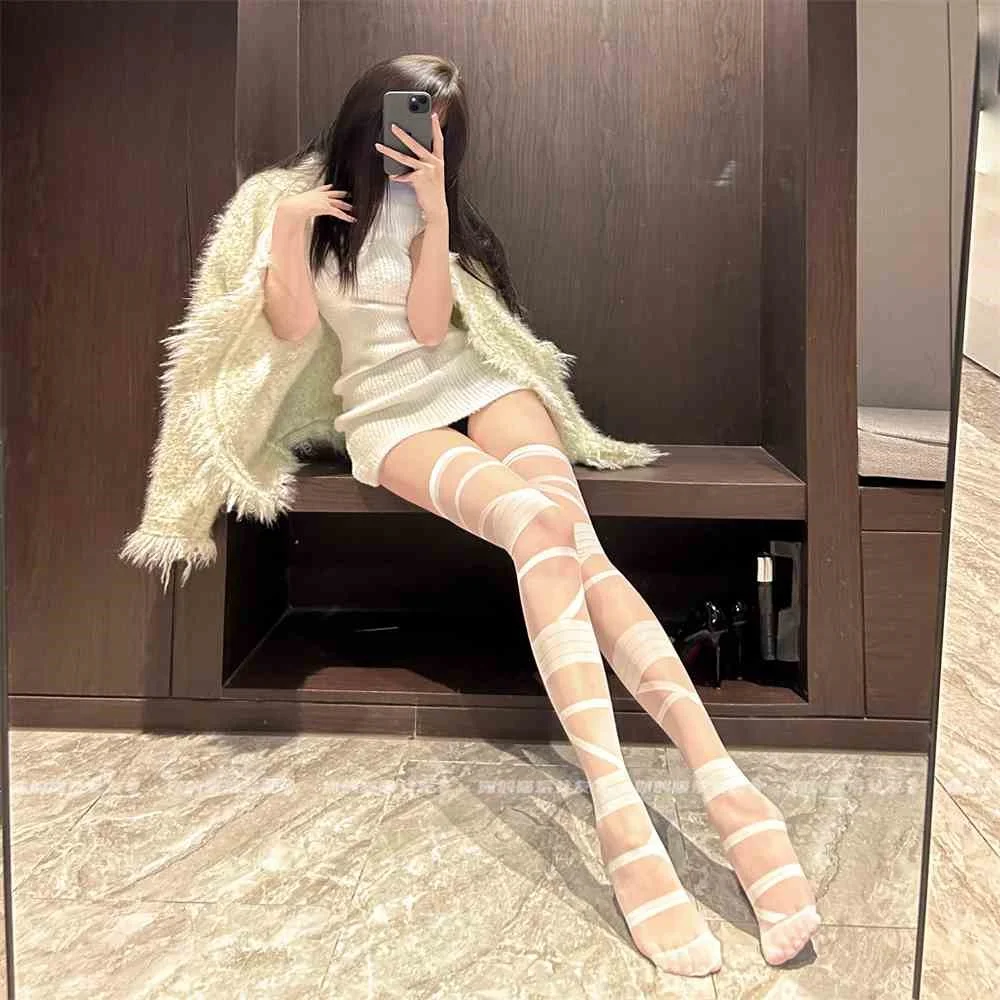 喵系纯欲风！绷带丝袜y2k洛丽塔白丝过膝袜