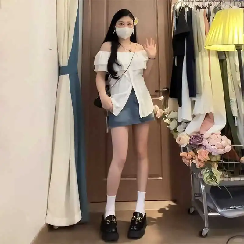 大码胖mm的纯欲风夏日救星✨一字肩白色衬衫