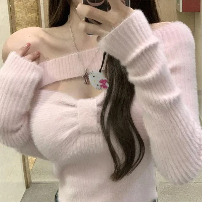 标题：粉色毛衣纯欲感拉满💘谁穿谁是甜妹