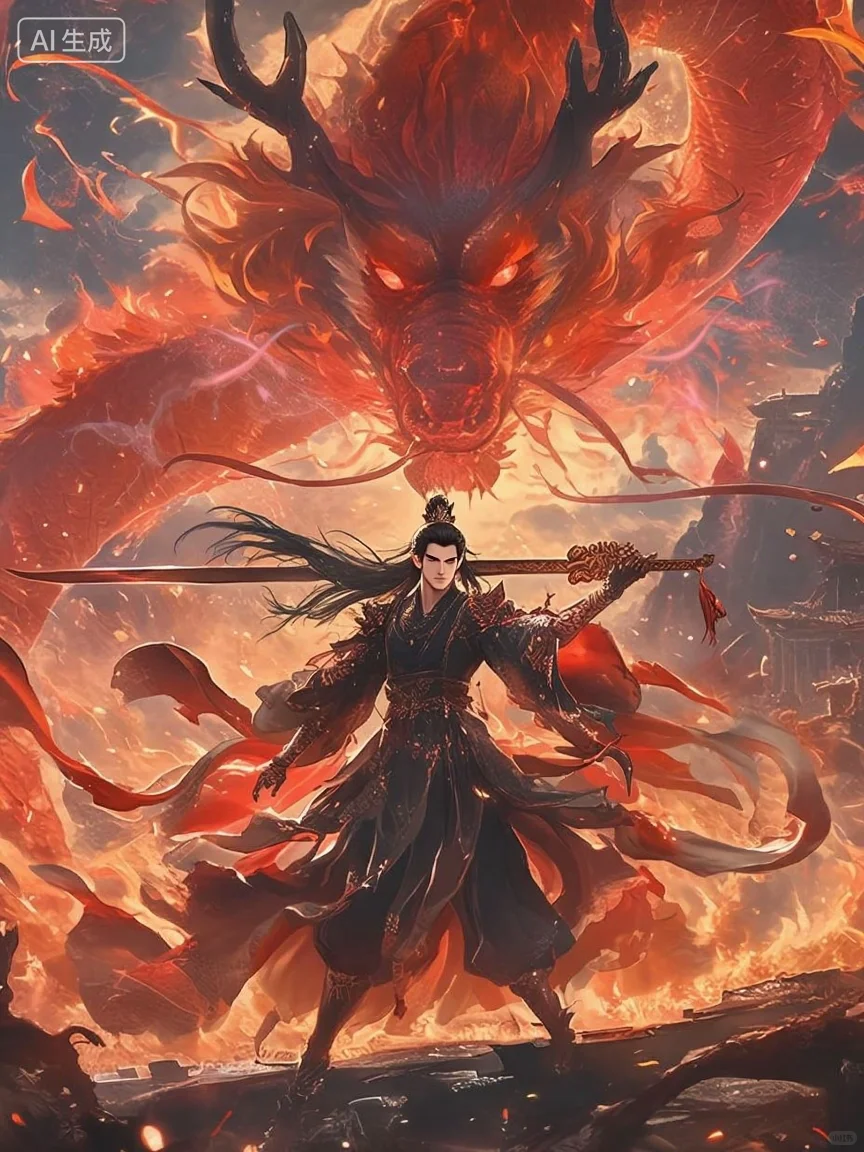 玄幻仙侠男龙持剑火焰