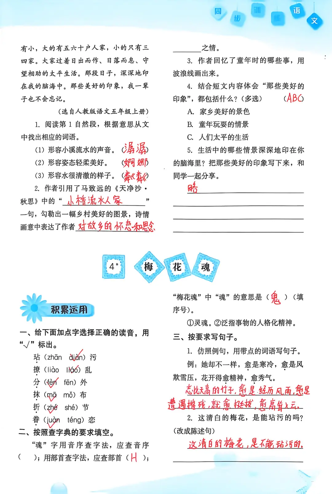 五下语文同步训练参考答案第三课月是故乡明