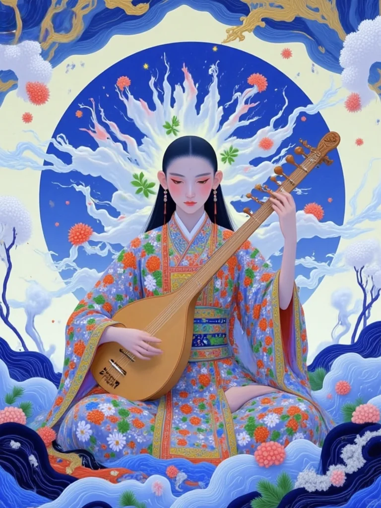 抚琴女｜中式古风插画