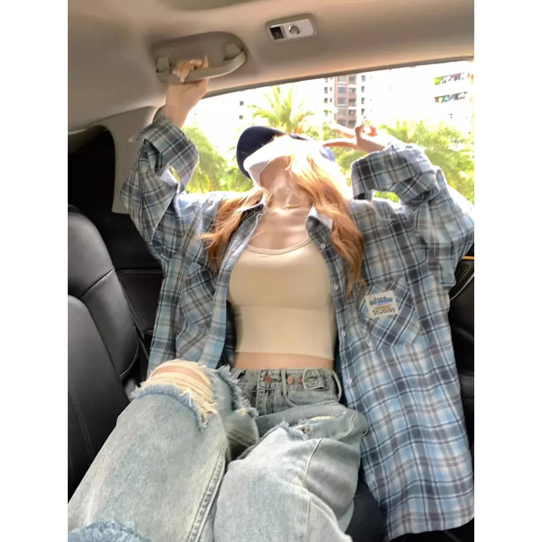 美式复古蓝色薄款格子衬衫女春秋设计感小众