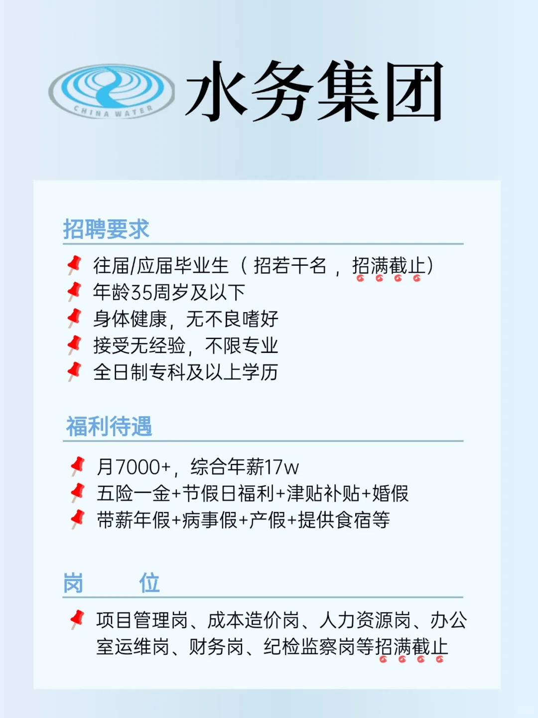 水务集团招人啦，岗位多多，福利待遇好！