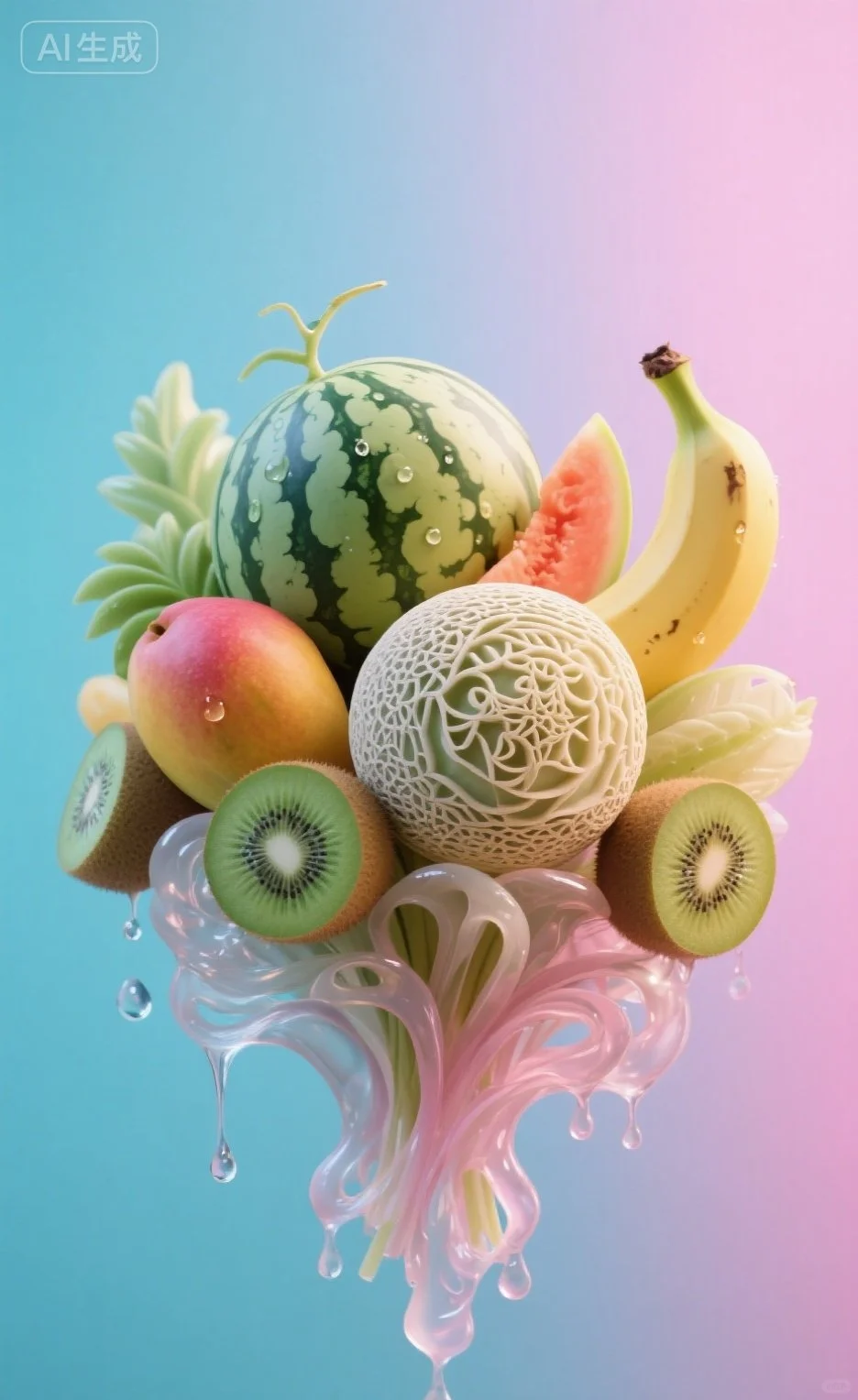一束娇艳欲滴的哈密瓜、西瓜、芒果、