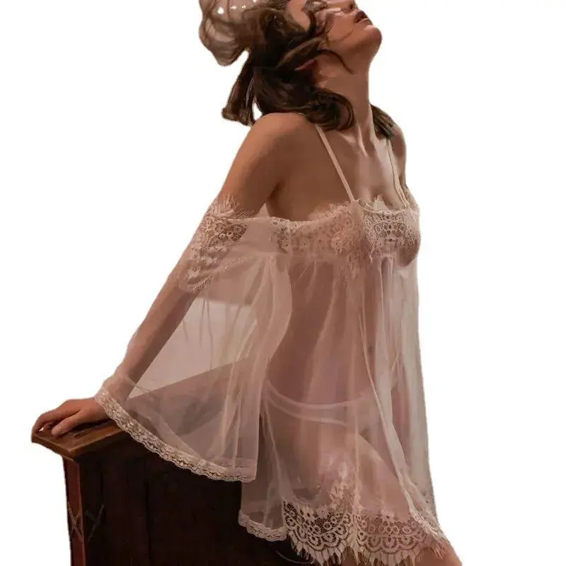 性感蕾丝花边一字肩仙女轻薄柔纱透视睡衣裙