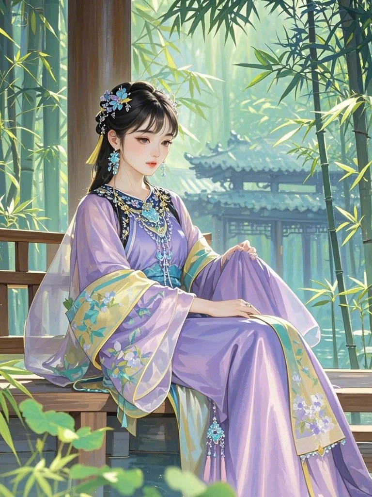 紫衣娇女园中立，粉花相伴似天仙