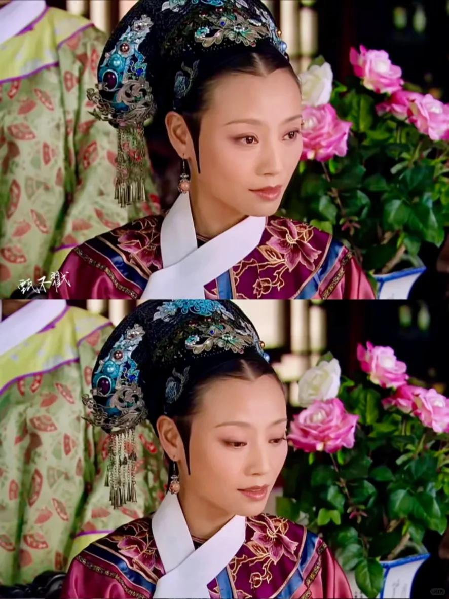 细节是娘娘们的衣服跟身后的花是同色系的