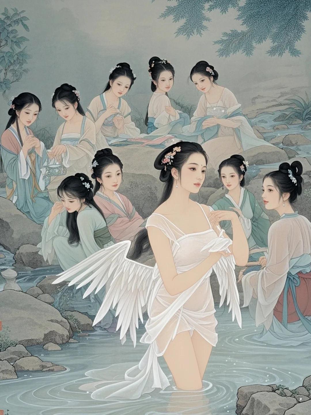 七仙女‌流连忘返赏春色，忙里偷闲洗凝脂